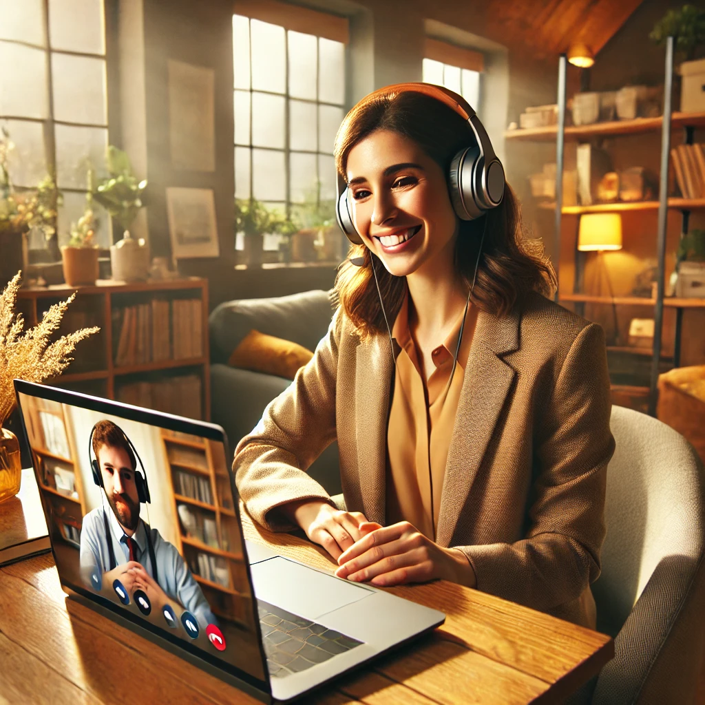Jovem sorridente na frente de um PC, refletindo a busca por terapia online